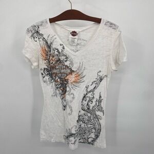 Harley Davidson Womens Medium V Neck Graphic Tee White Rhinestone